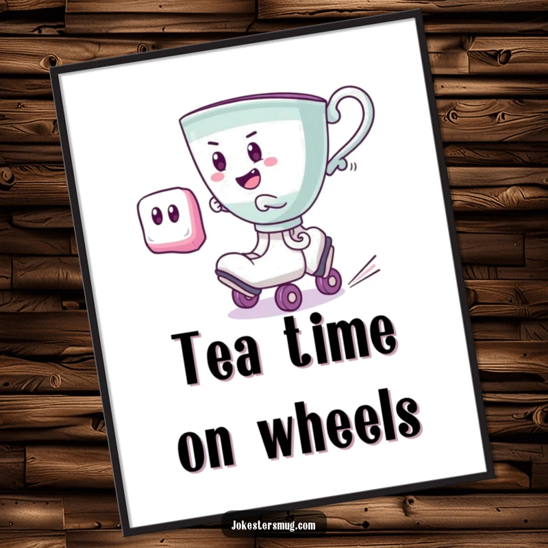 Funny teacup wearing roller skates, zooming past a startled sugar cube, a humorous and downloadable digital art print.