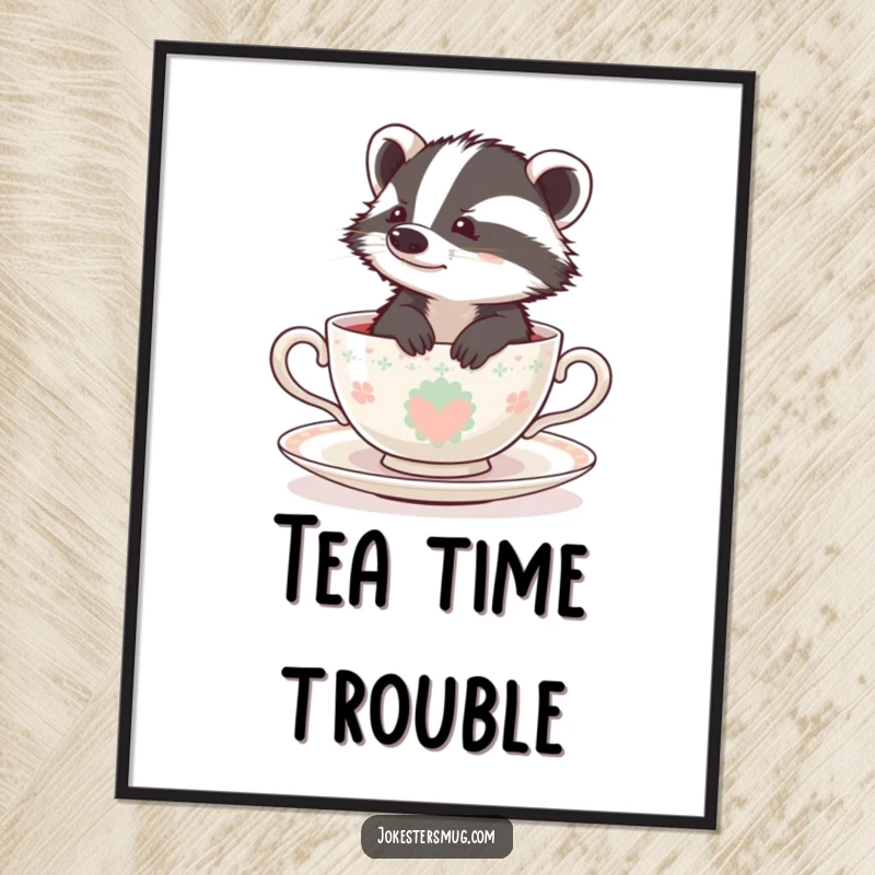Funny badger looking bewildered inside a tiny teacup, as a digital art print for instant adorable and humorous wall decor.