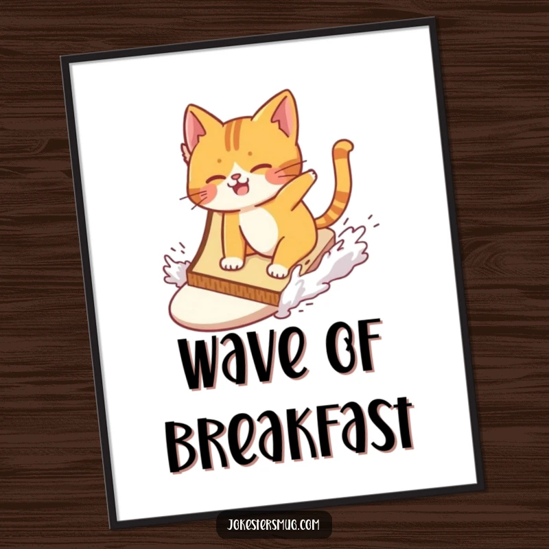 Funny cat comically wiping out while attempting to surf a giant slice of toast, a digital art print full of action and humor.