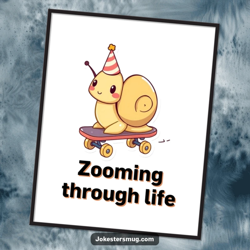 Funny digital art print of a snail wearing a party hat, humorously zooming on a skateboard with incredible speed.