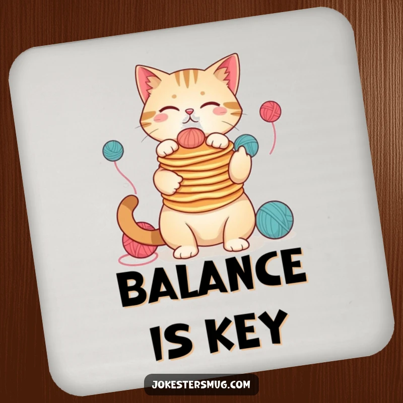 Funny cat pancake juggling drink coasters, set of humorous table protectors, cute feline art, a practical funny gift.