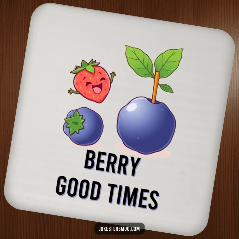 Funny drink coaster with a delighted strawberry pole vaulting over a large blueberry, a humorous and practical item.
