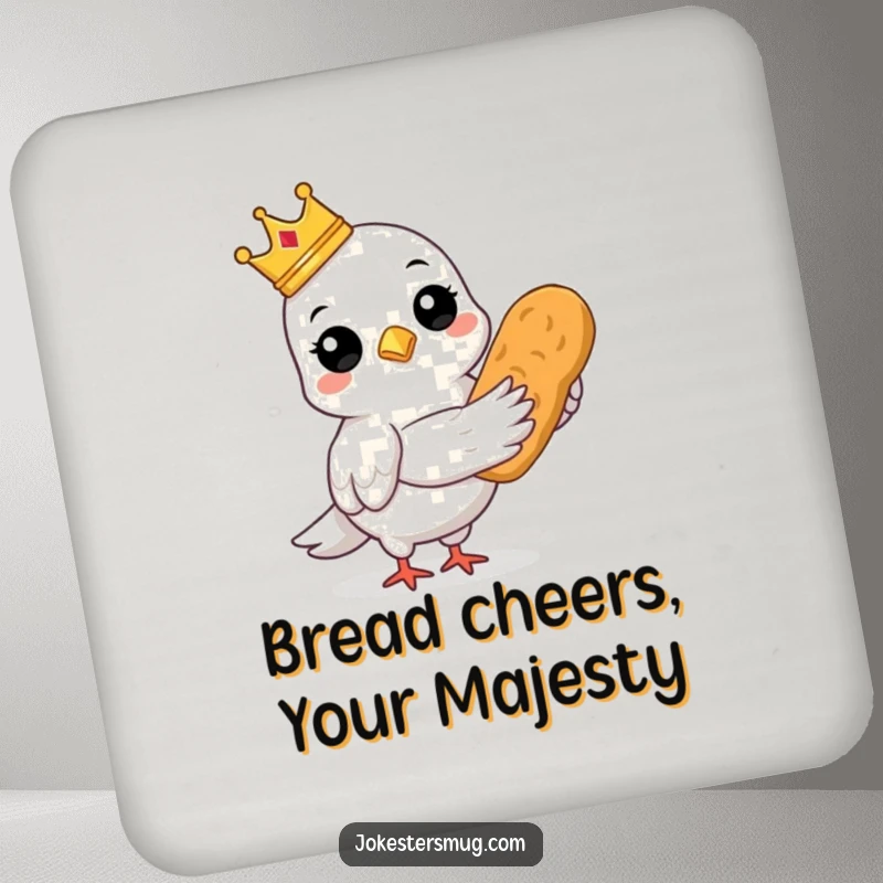 Funny drink coaster featuring a crowned pigeon holding bread, protects surfaces.