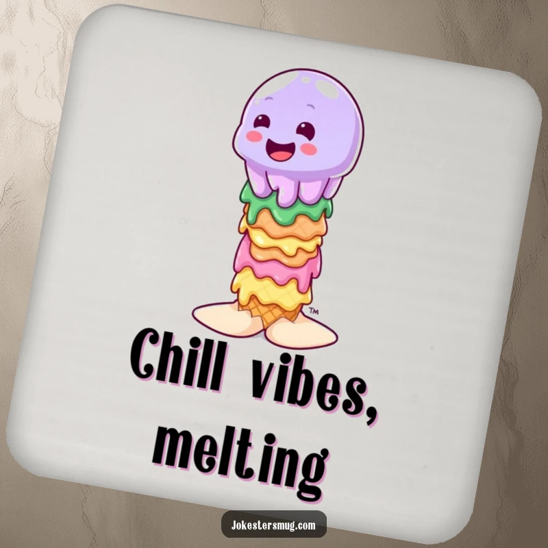 Funny wobbly jelly character attempting to balance on a stack of melting ice cream cones, printed on a protective drink coaster.