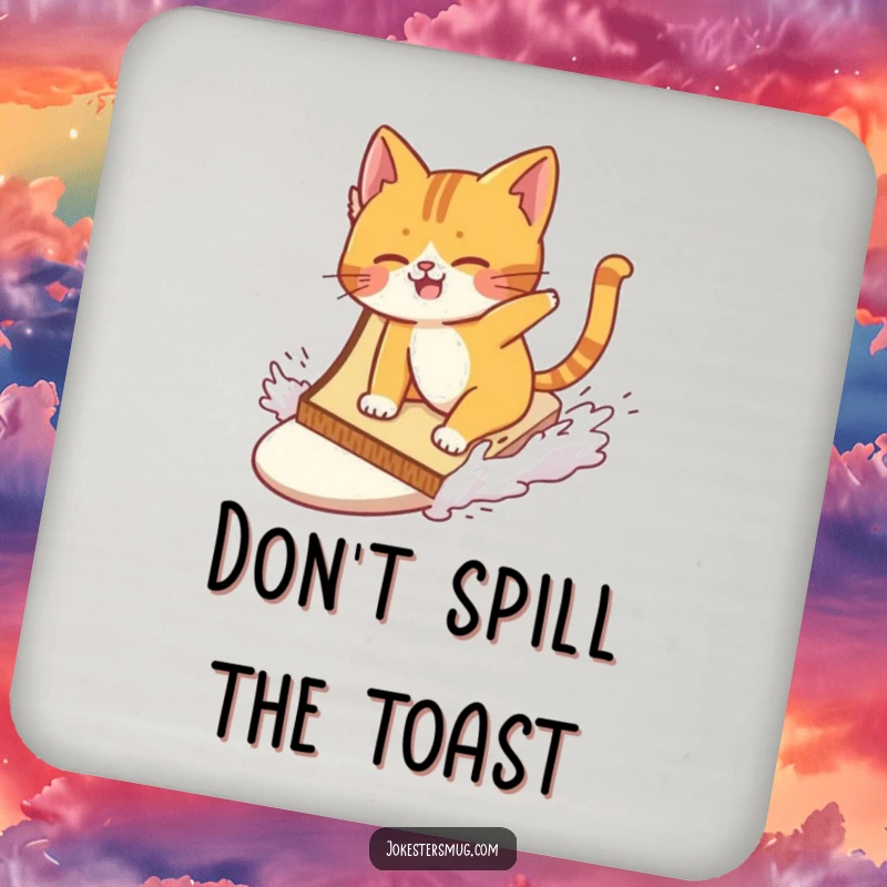 Funny cat wiping out while surfing a giant slice of toast on a drink coaster, providing surface protection with a comical touch.