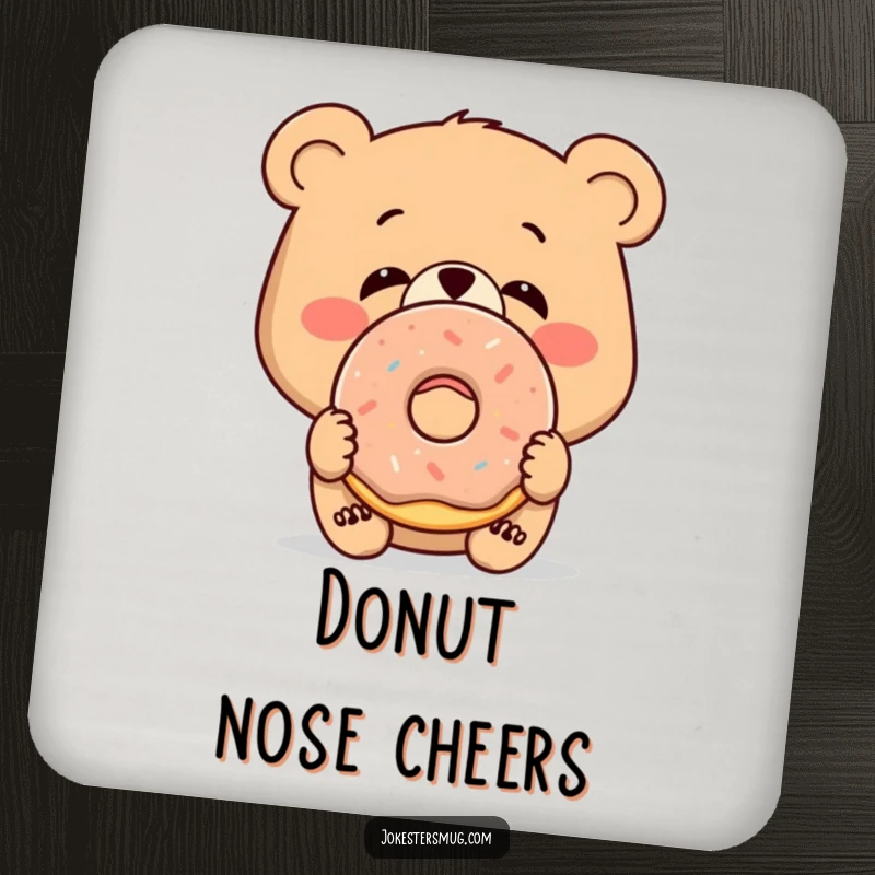 Funny drink coaster featuring a bewildered bear with a donut stuck on its nose, protects surfaces.