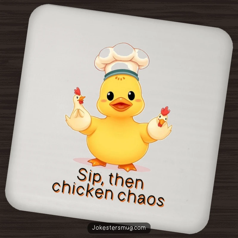 Funny chef rubber ducky with a hat, juggling three rubber chickens, a humorous and protective drink coaster.