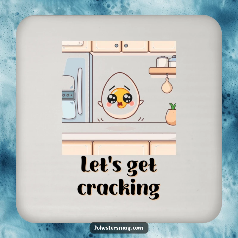 Funny Egg Coaster: A startled egg with wide eyes rolls off a kitchen counter. Protects surfaces with funny charm. Great funny gift.