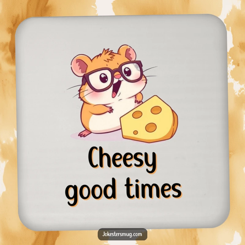Funny drink coaster with a surprised hamster in oversized glasses tripping over a giant slice of cheese, adding humor to surfaces.