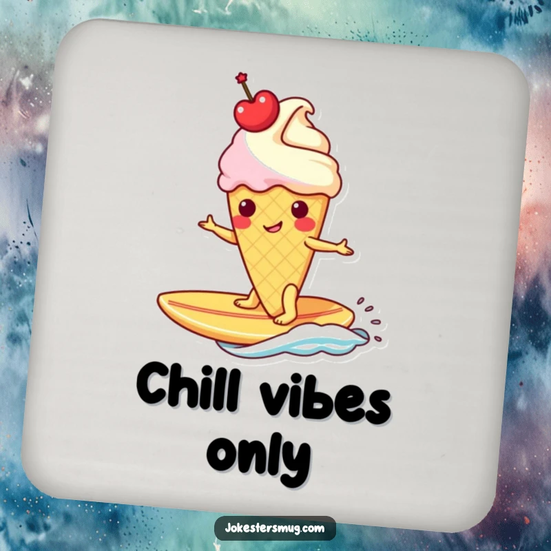 Funny ice cream cone with a cherry crown surfs a banana surfboard on a drink coaster, adding tropical humor.