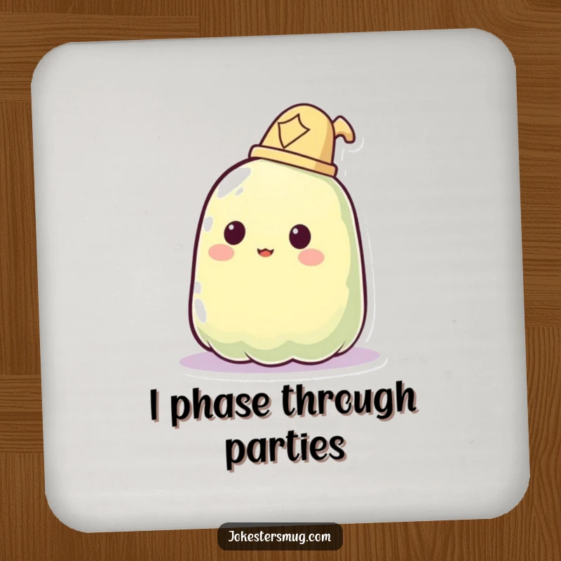 Funny coasters depicting a jelly blob comically failing to wear a hat, phasing through.