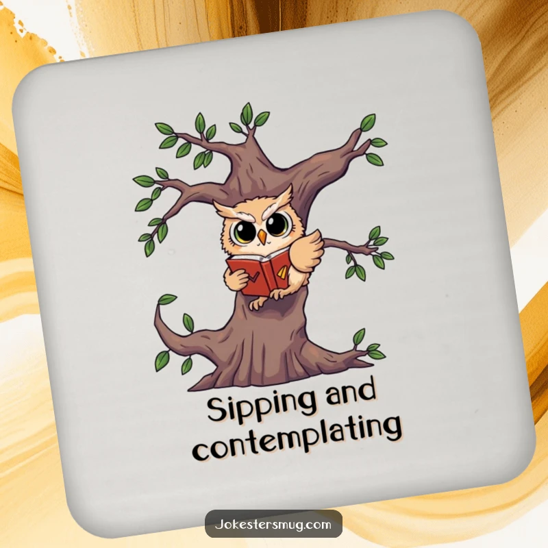 Funny drink coaster depicting a startled owl falling from a tree, clutching a book.