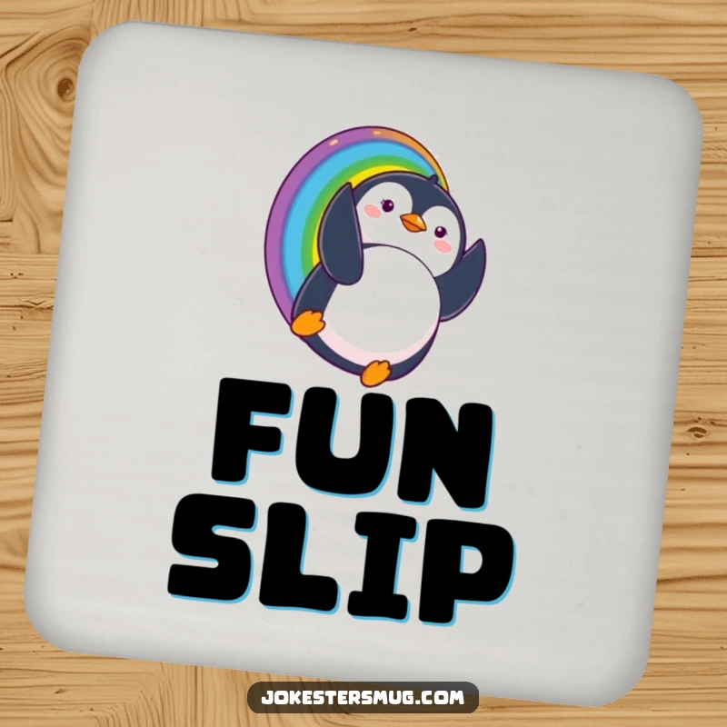 Funny coaster featuring a penguin sliding down a rainbow and landing upside down with a surprised expression, offering whimsical protection with charm.