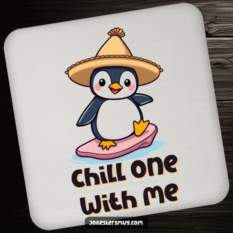 Funny coaster featuring a penguin wearing a sombrero and attempting to surf on an ice floe, a humorous and practical home accessory.