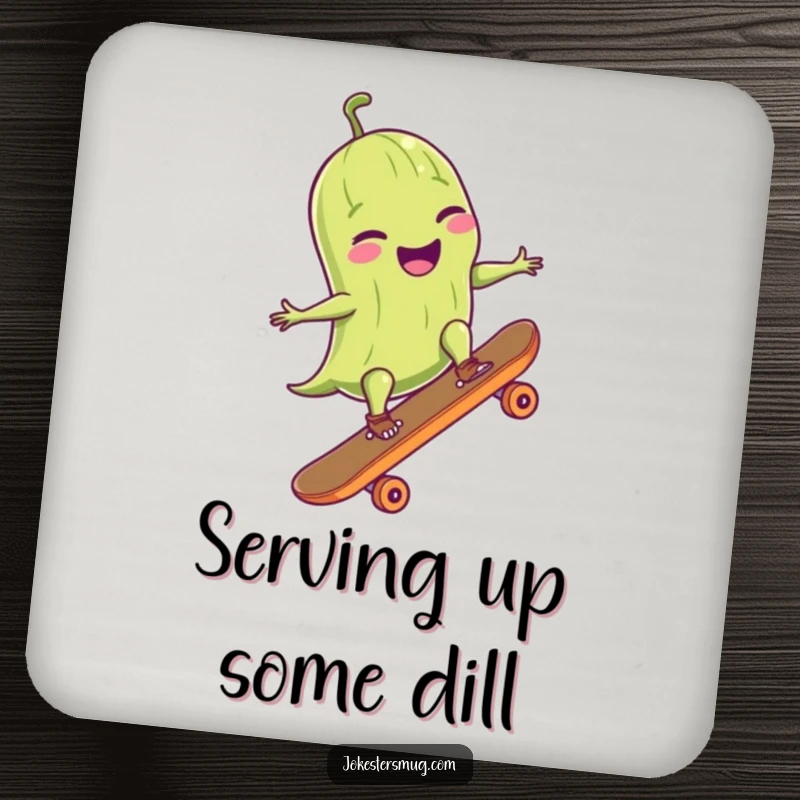 Funny drink coaster with a giggling pickle in sunglasses doing an ollie on a skateboard, a humorous and practical item.