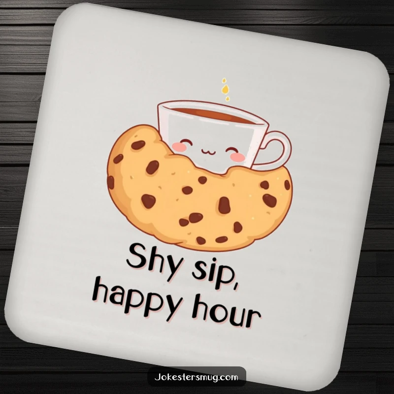 Funny coaster set featuring a shy teacup peeking from behind a giant cookie, protecting surfaces with sweet and humorous charm.