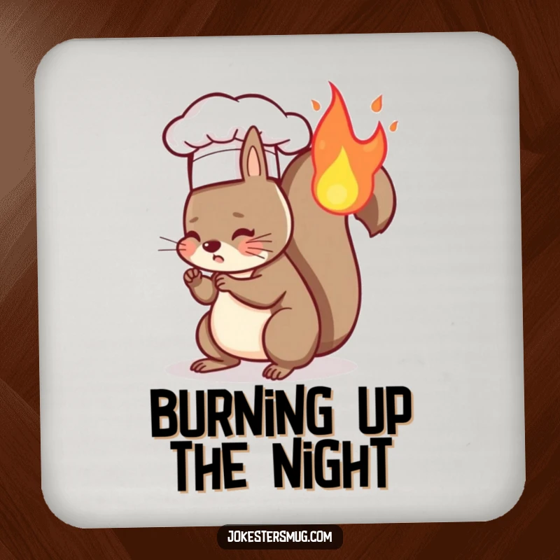 Funny drink coasters depicting a squirrel chef accidentally setting its tail on fire, adding a humorous touch to any surface.