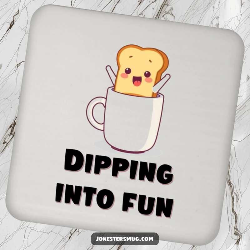Funny drink coaster depicting a piece of toast humorously jumping from a toaster into a mug.