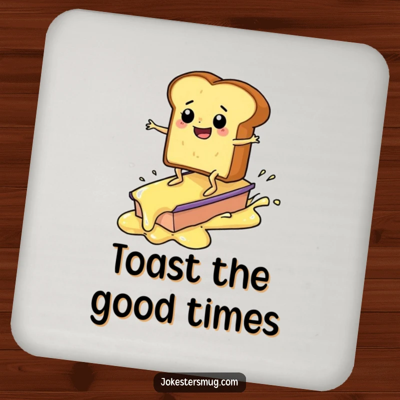 Funny toast surfing on butter drink coasters, humorous breakfast character, protective and funny accessory, a great funny gift.