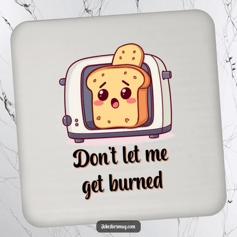 Funny bread loaf, with a startled expression, fleeing from a toaster, a humorous and protective drink coaster.