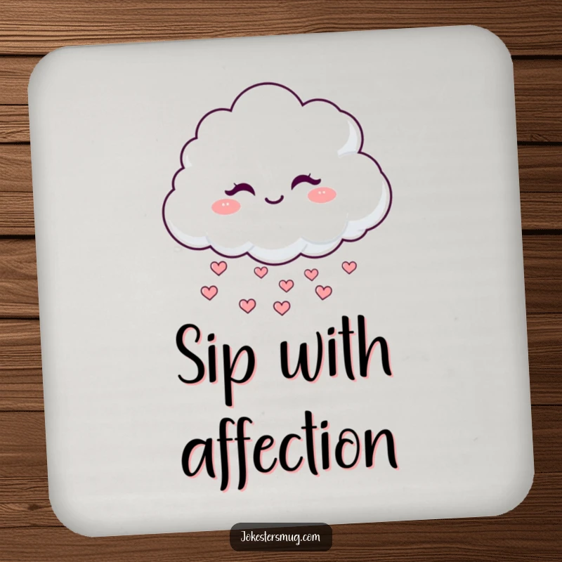 Funny Winking Cloud Coaster: A fluffy cloud winks mischievously, raining hearts, adding sweet, humorous protection to your drinks.