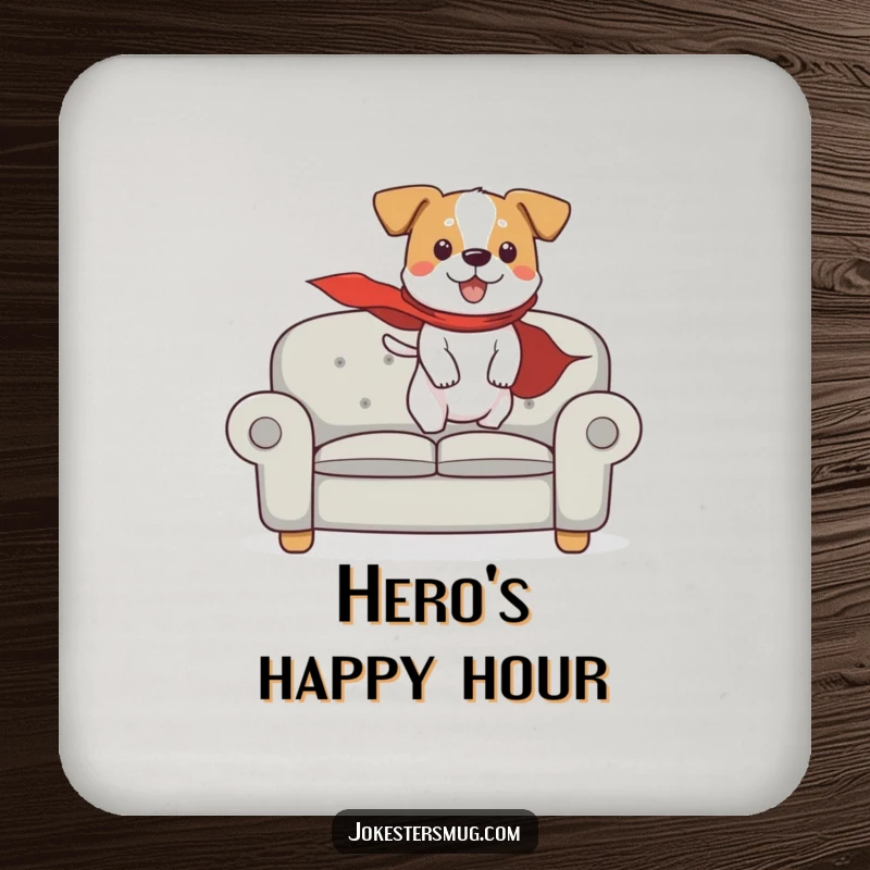Funny coaster set featuring a dog in a cape humorously attempting flight from a couch, protecting surfaces with heroic charm.