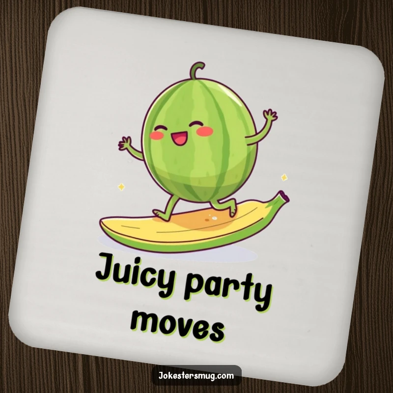 Funny giggling watermelon character attempting to moonwalk on a banana peel, printed on a protective drink coaster.