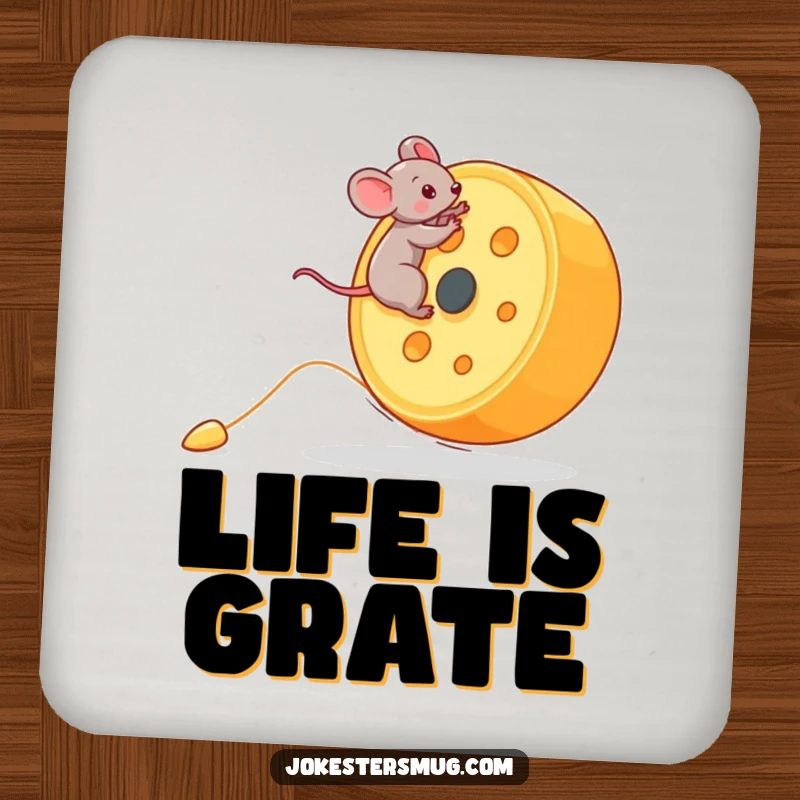 Funny Mouse Coaster: A tiny mouse rides a giant rolling cheese wheel downhill. Protects surfaces with funny charm. Great funny gift.