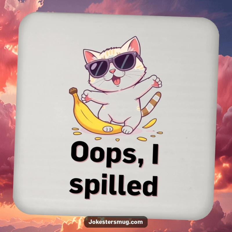 Funny cat sunglasses coaster depicting a cat in oversized shades tripping over a banana peel, body parts comically scattered.