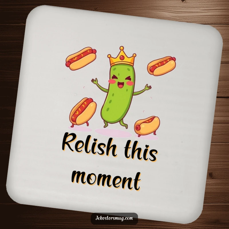 Funny pickle wearing a tiny crown enthusiastically juggling three runaway hot dogs, a humorous detail on this protective drink coaster.