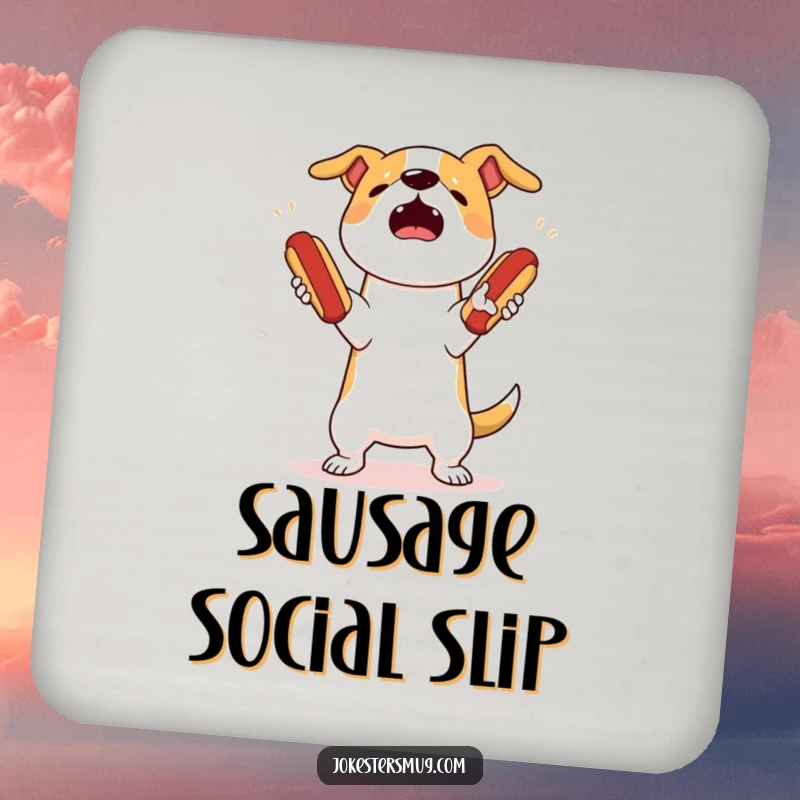 Funny dog juggling coaster depicting a startled dog attempting to juggle three bouncing hot dogs, dropping them all comically.