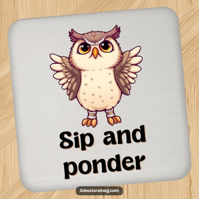 Funny owl attempting to put socks on its wings on a coaster, offering a humorous and protective surface.