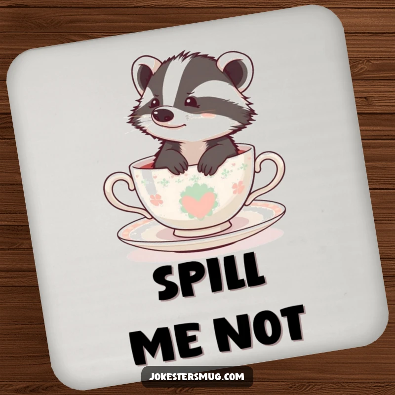 Funny badger stuck in a tiny teacup on a coaster, offering a humorous and protective surface.