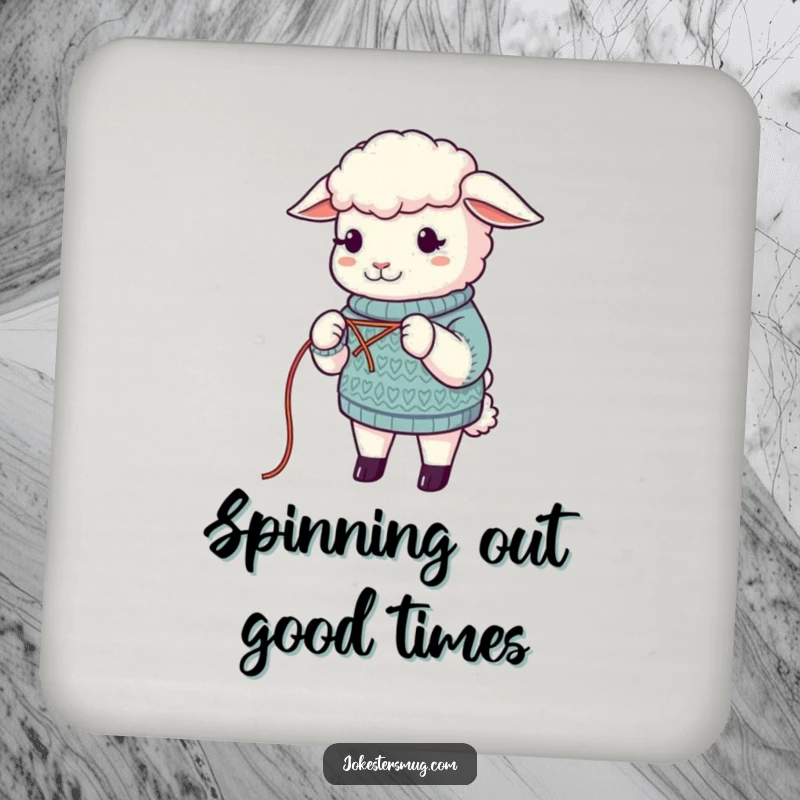 Funny Sheep Coaster: A sheep humorously knits a sweater from its own wool. Protects surfaces with funny charm. Great funny gift.