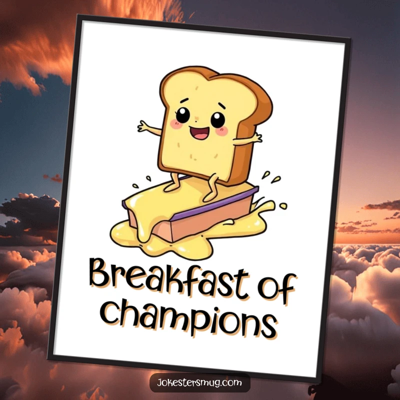 Funny toast surfing on butter poster, humorous breakfast art, character with arms and legs, great funny gift for food lovers.