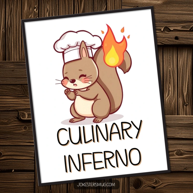 Funny poster of a squirrel in a chef hat accidentally setting its tail on fire, a comical depiction of a kitchen disaster.