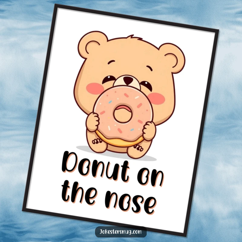 Funny poster art of a bewildered bear with a donut stuck to its nose, whimsical wall decor.