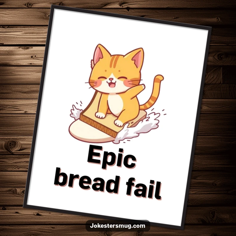 Funny cat comically wiping out while attempting to surf a giant slice of toast on a poster, creating a humorous piece of wall art.