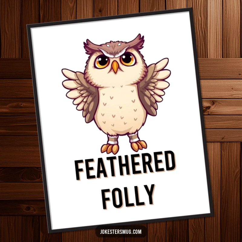 Funny owl attempting to put socks on its wings, looking confused, rendered as a whimsical and humorous poster.