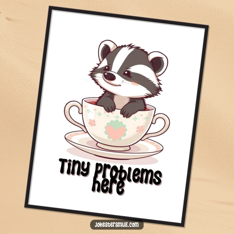 Funny badger looking utterly confused inside a tiny teacup, rendered as a charming and humorous poster for wall decor.