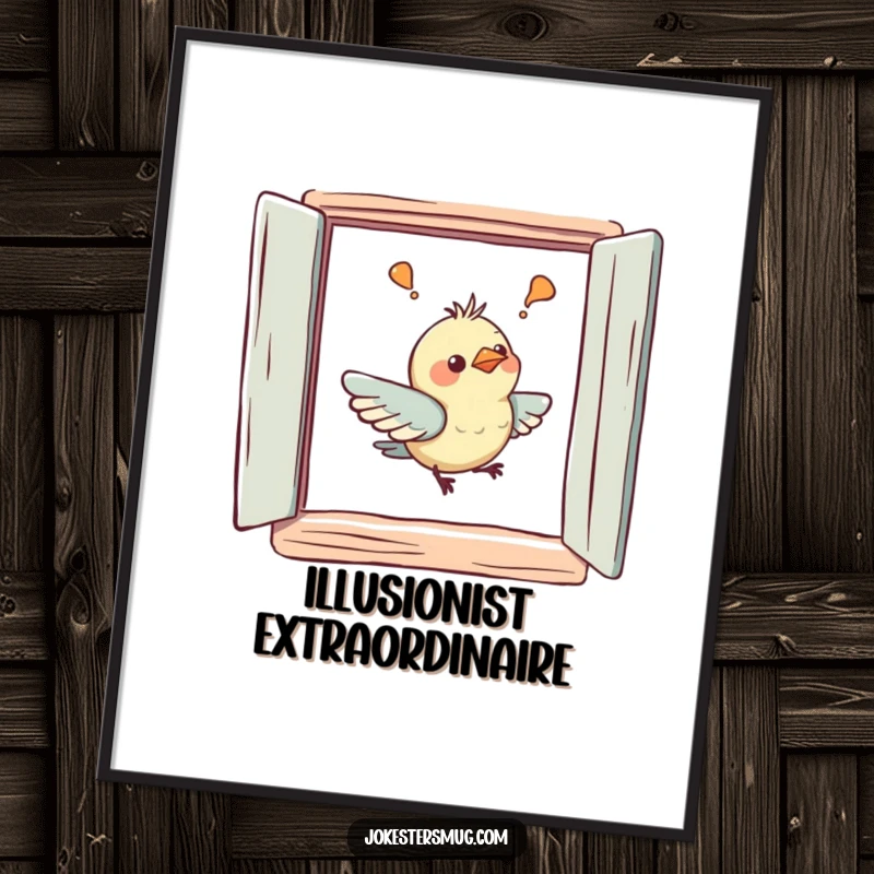 Funny poster of a confused bird gently bumping its beak on a painted window, capturing a moment of adorable misunderstanding.