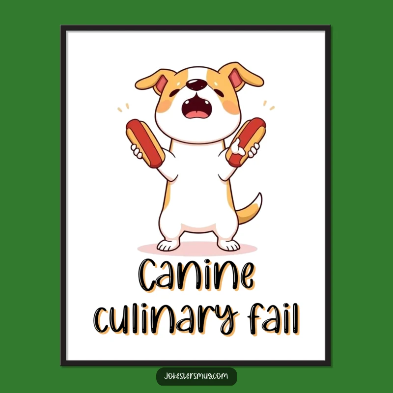 Funny Dog Juggling Poster: Hot Dog Drop Art for Comical Decor