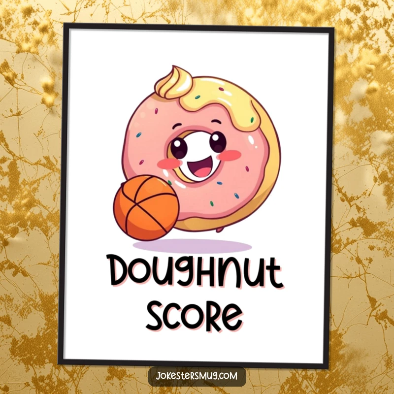 Funny poster featuring a happy donut dribbling a basketball with its frosting, ideal for adding humorous sports-themed decor to any room.