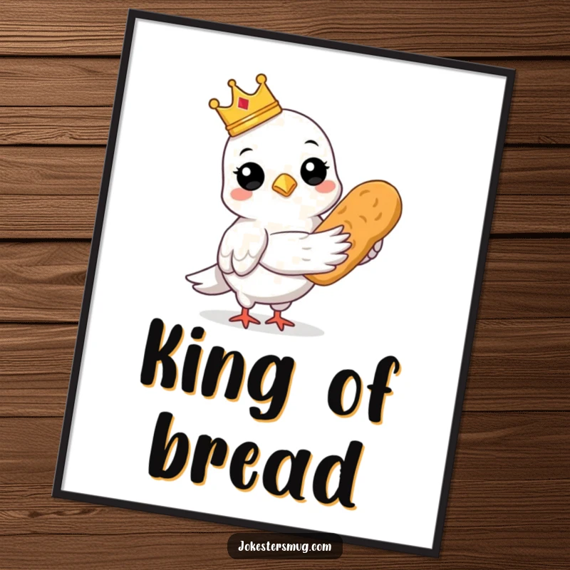 Funny poster art of a pigeon wearing a crown and holding bread, regal bird wall decor.
