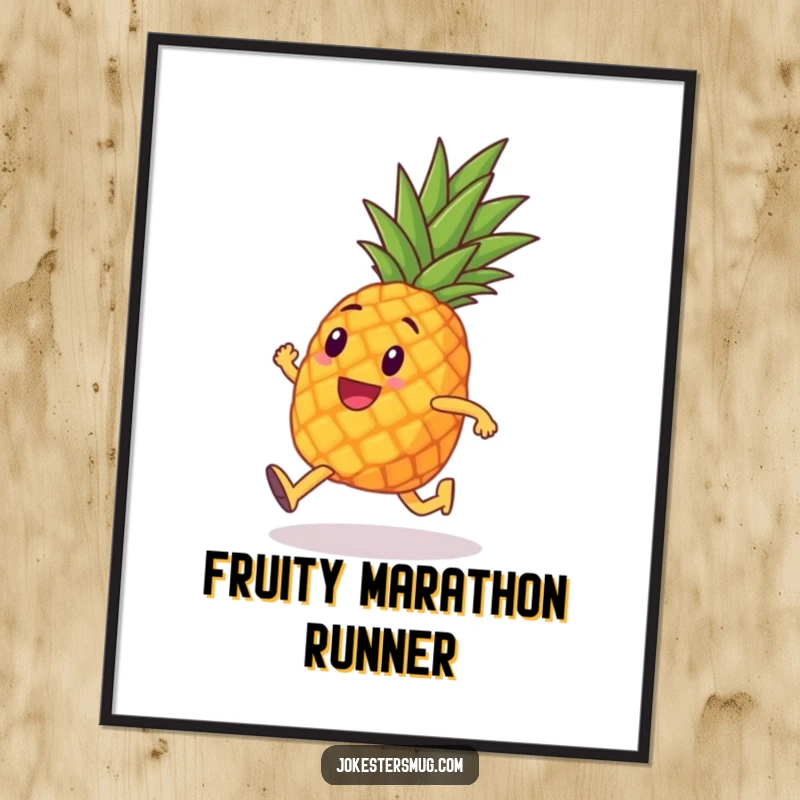 Funny poster of a pineapple with tiny legs humorously running a marathon, bringing motivational and quirky fitness-themed decor.