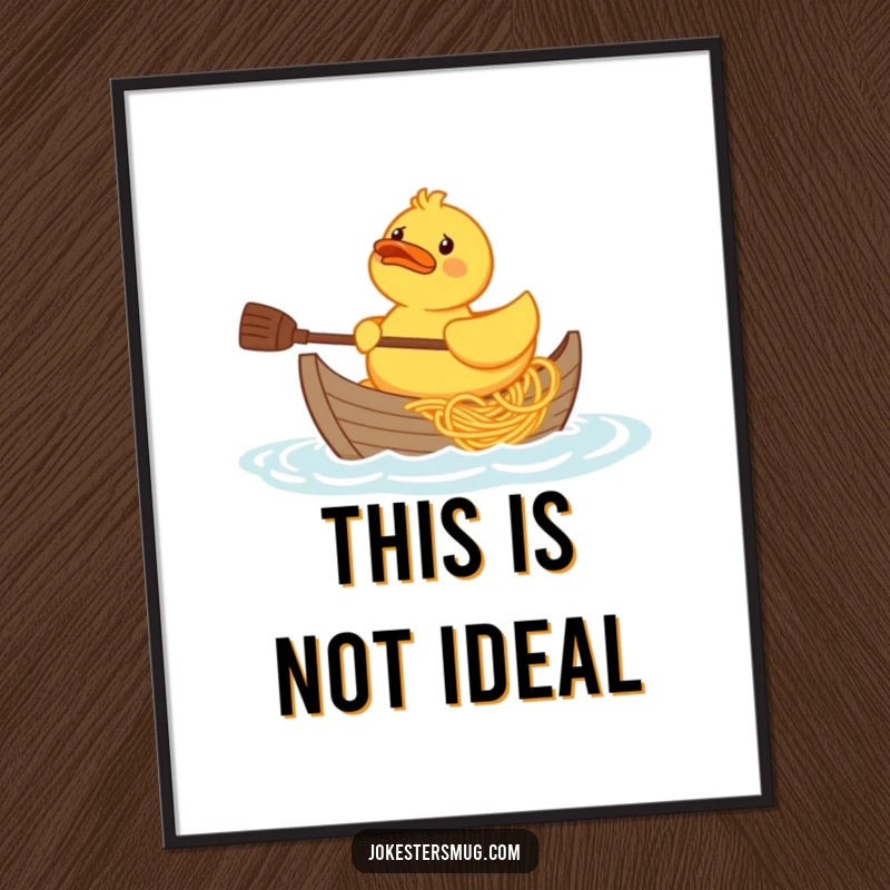 Funny confused rubber duck character trying to paddle a boat made of spaghetti, illustrated poster for wall decor.