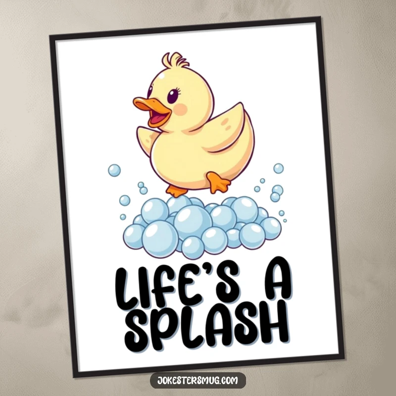 Funny poster art of a rubber ducky soaring over a giant pile of iridescent bubbles, capturing a moment of pure bath-time bliss.