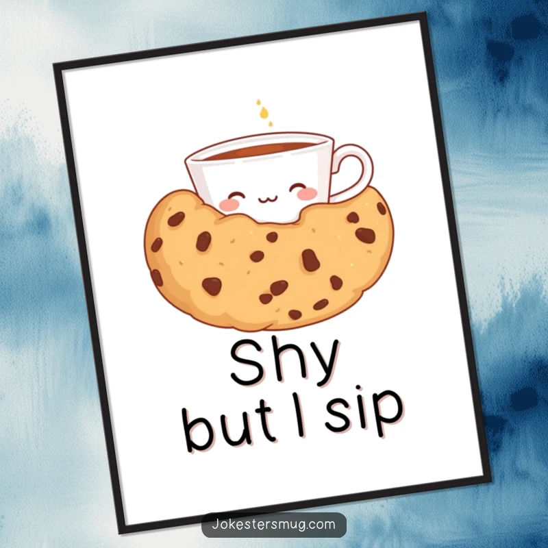 Funny poster of a shy teacup peeking from behind a giant cookie, bringing charming and humorous dessert-themed decor.