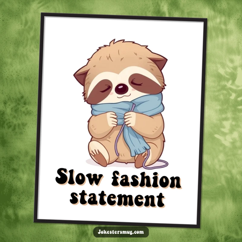 Funny poster art of a sleepy sloth hilariously tangled in yarn while attempting to knit a scarf, embodying slow-paced crafting.