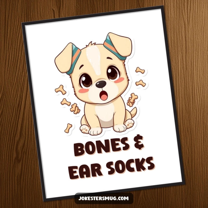 Funny poster art of a surprised puppy with socks on its ears, gleefully juggling tiny bones, cheerful decor.
